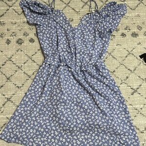 Medium Light Blue Floral Print off the Shoulder Dress